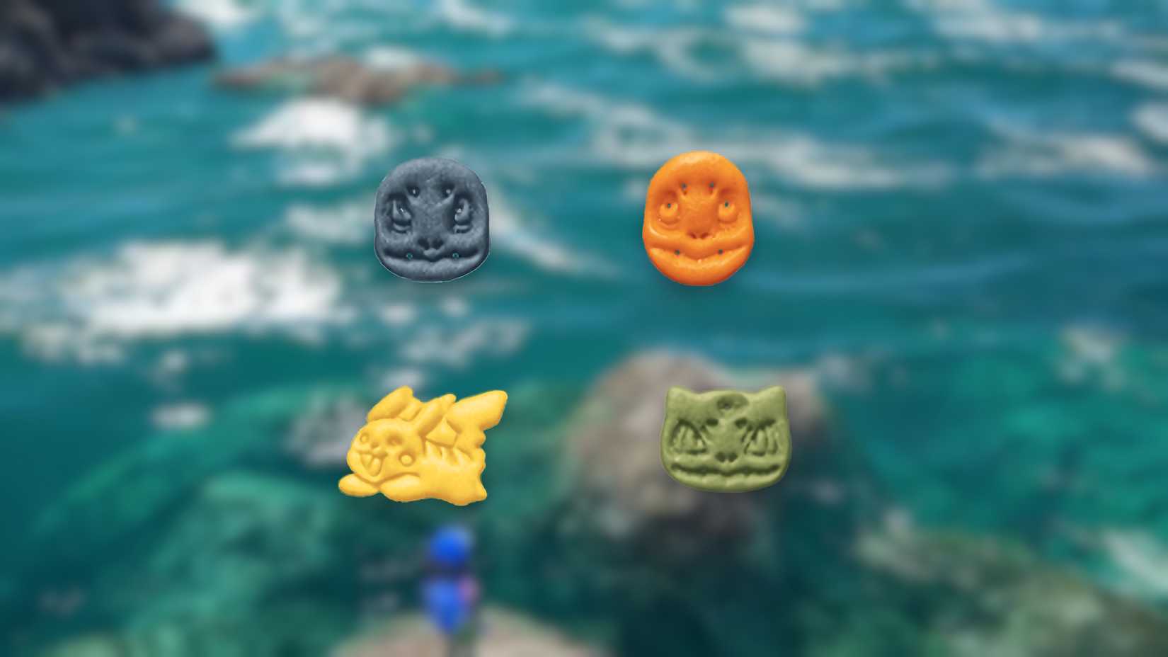 Biscoitos Goldfish temáticos de Pokémon sobre um fundo desfocado de Pokémon Winds and Waves