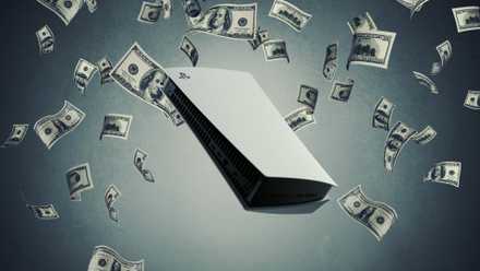 floating ps5 console with money in the background