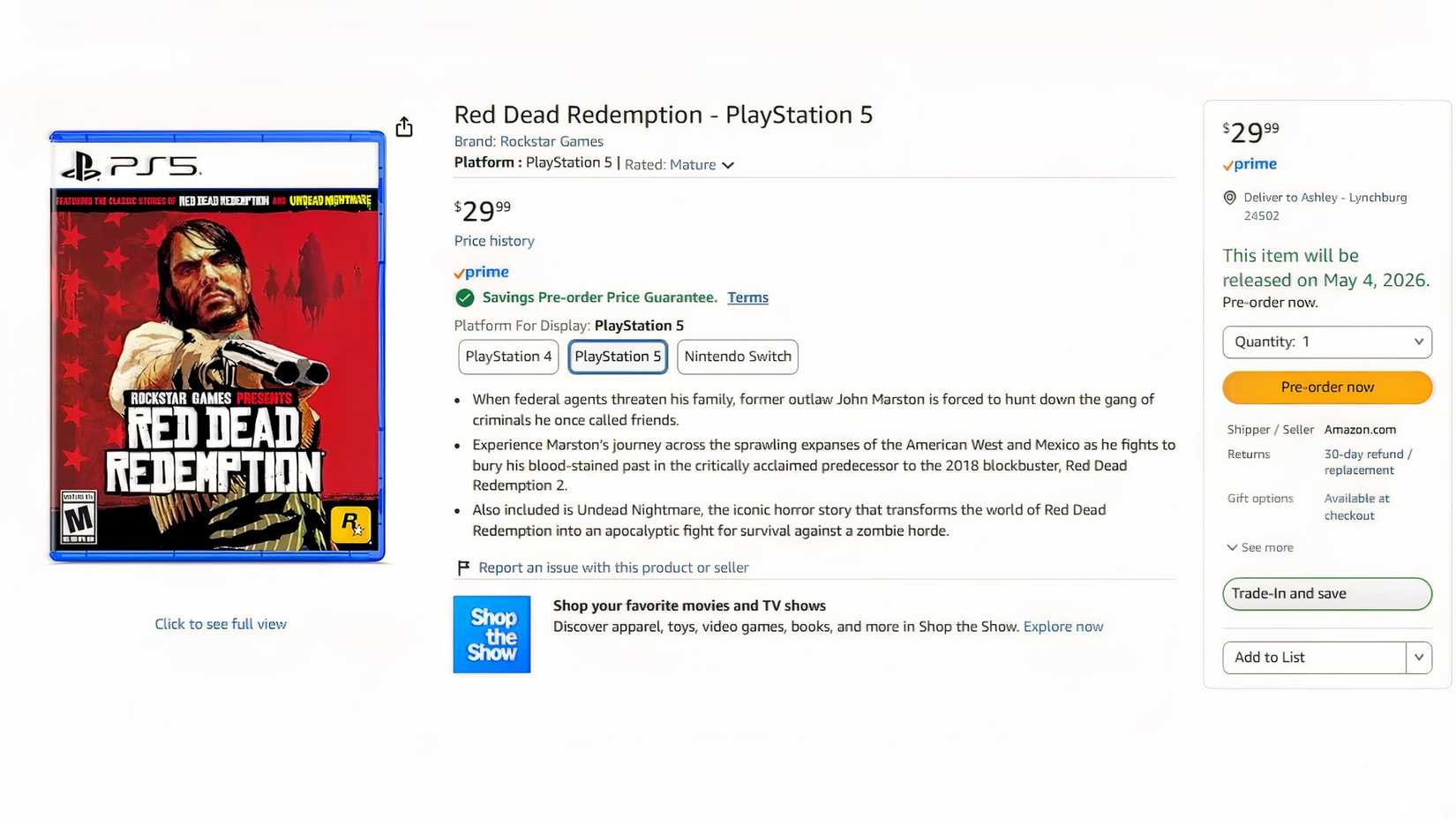 Amazon lists pre-orders for Red Dead Redemption on PS5