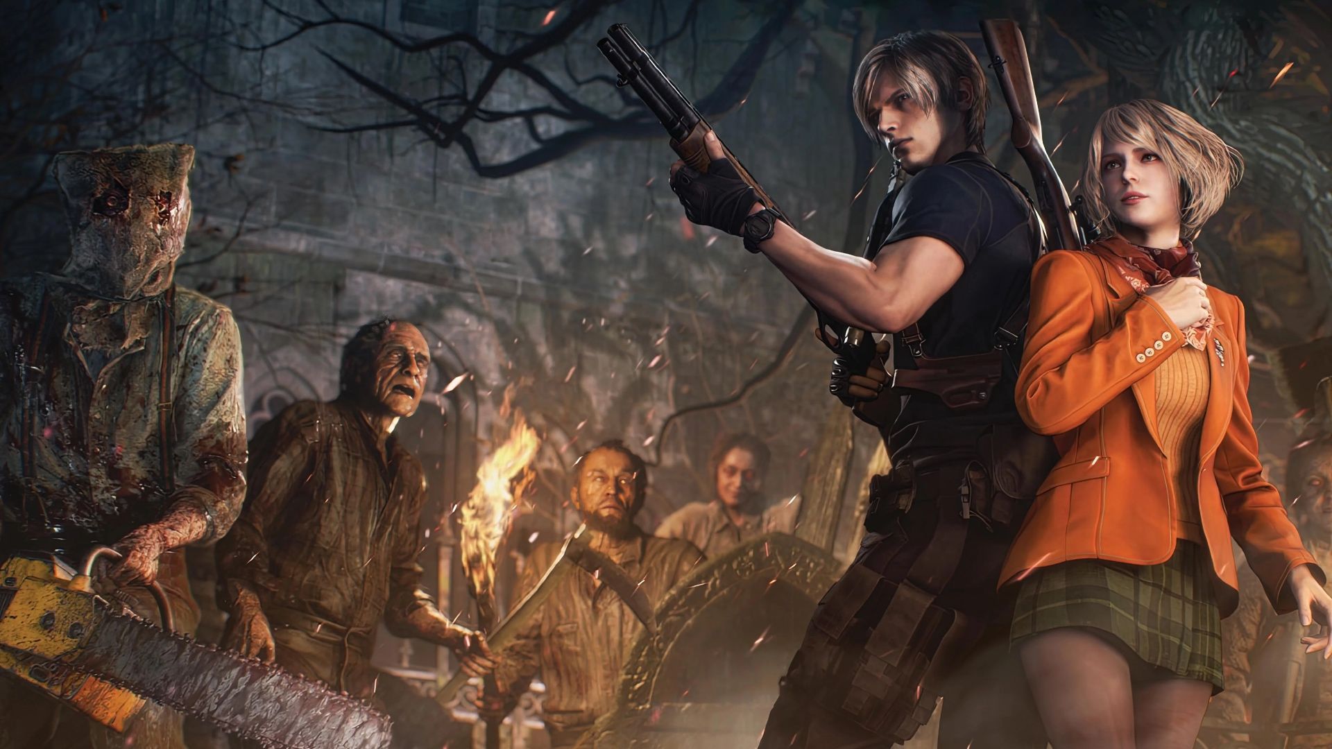 Resident Evil 4 Leon and Ashley surrounded by enemies