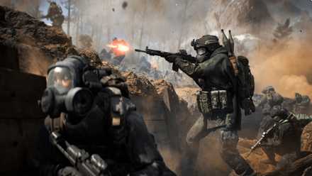 bf6 soldiers fighting in a trench wearing gas masks