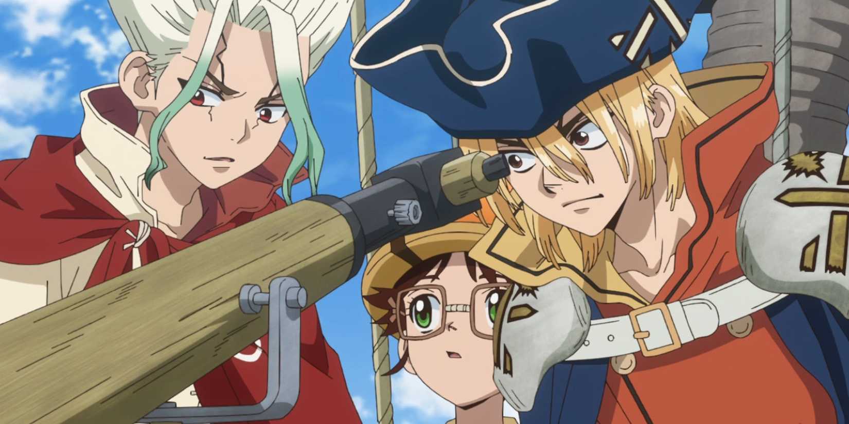Senku and Ryusui with a telescope.