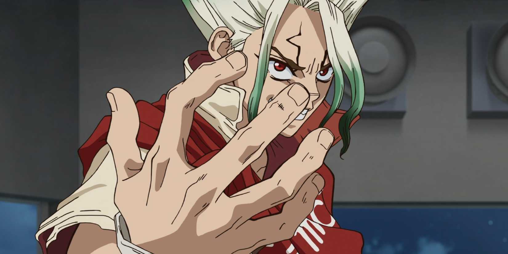 Senku Ishigami raises his hand and smiles.