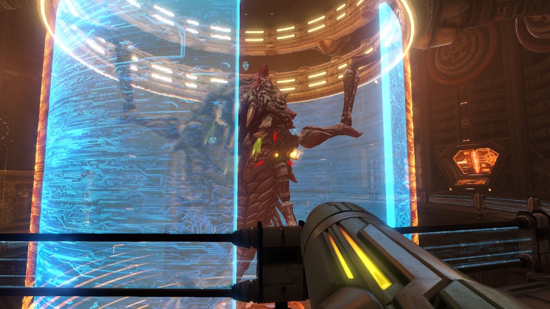 Shooting a boss in Metroid Prime (Switch)