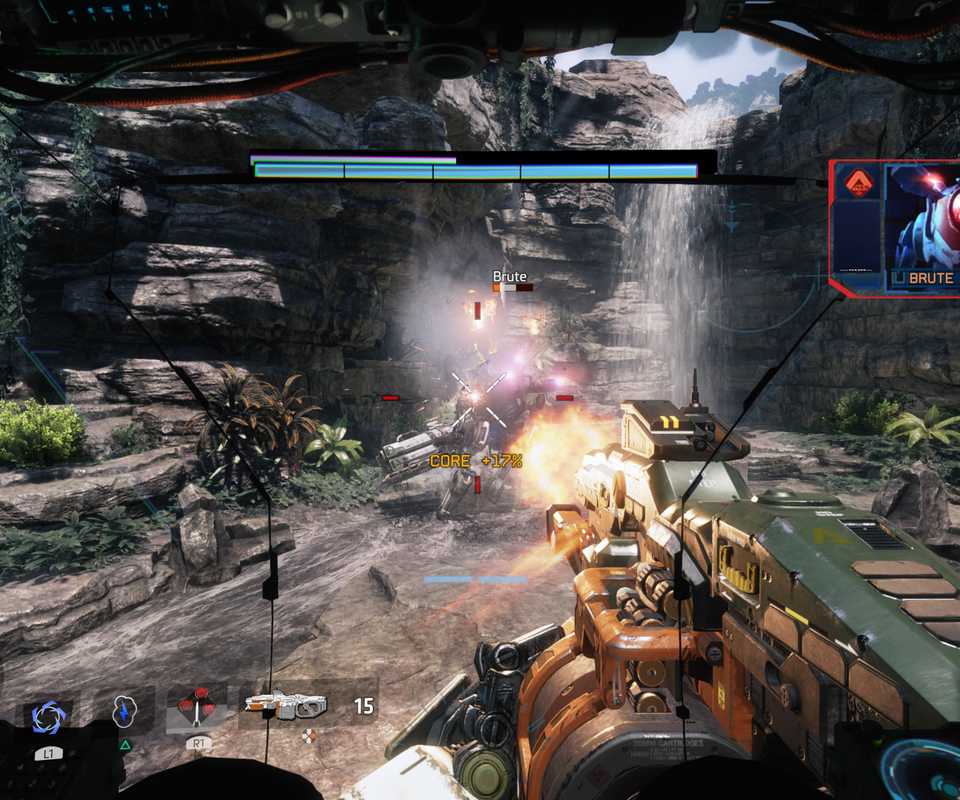Shooting enemies in a mech in Titanfall 2 (2016)