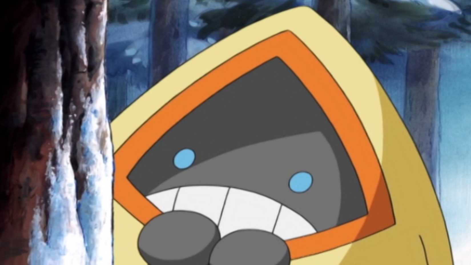 Snorunt hiding behind a tree in the Pokemon anime