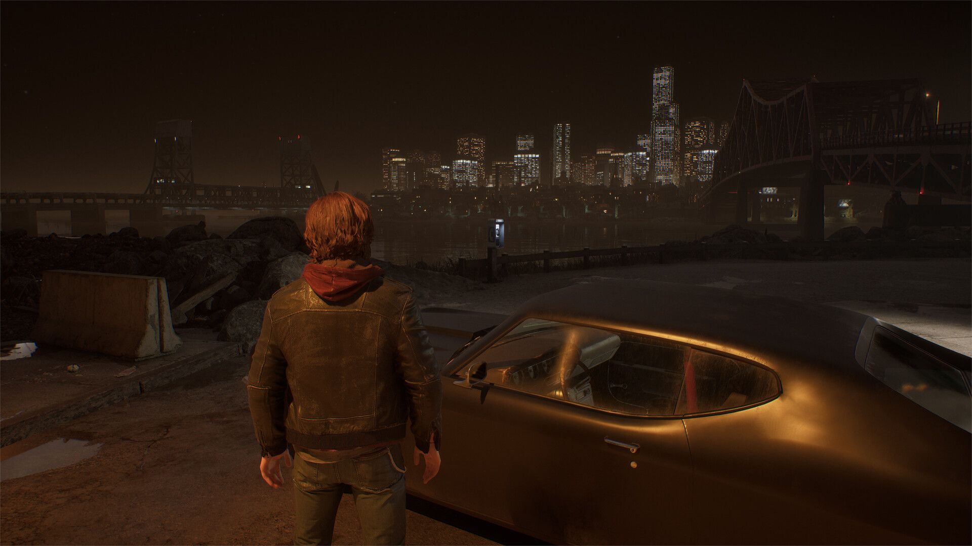 samson protagonist standing next to his car.