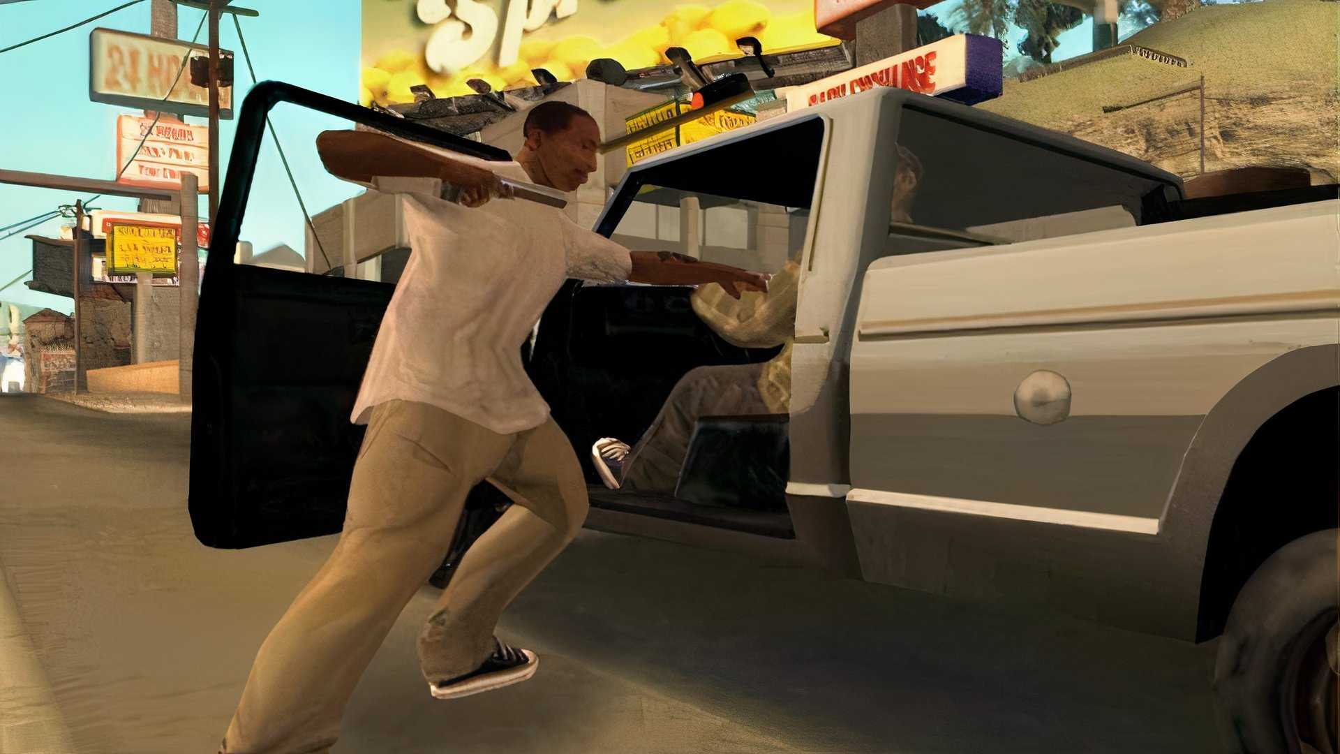 Stealing a car in Grand Theft Auto San Andreas (2004)