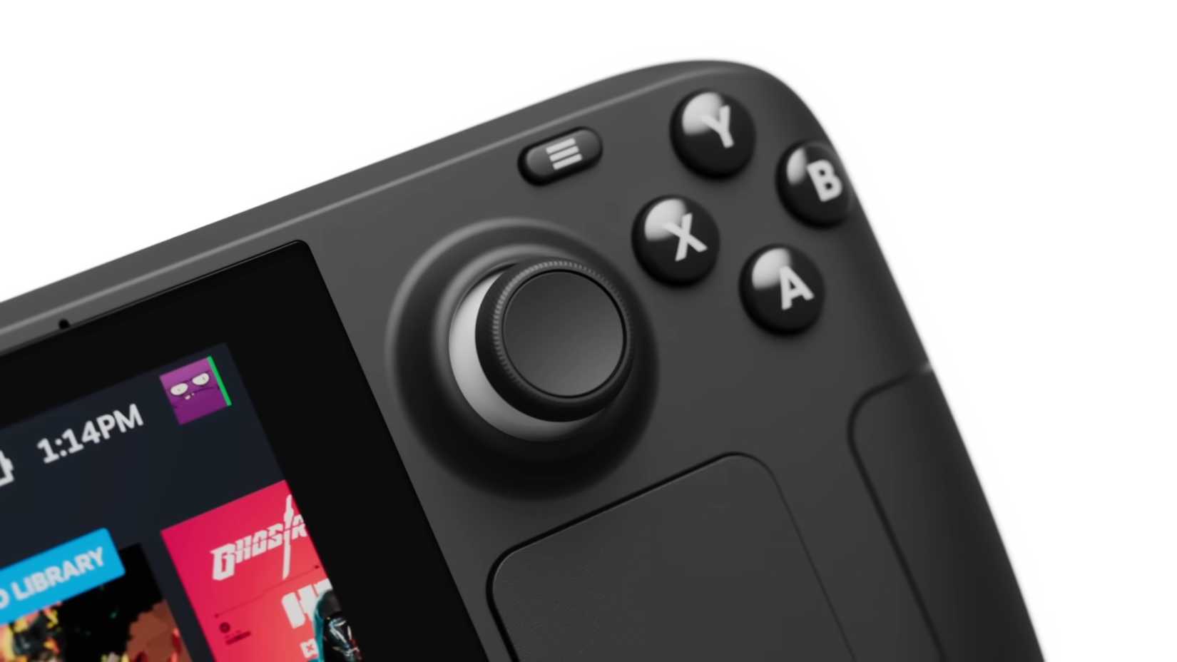 Close-up no analógico e botões do Steam Deck