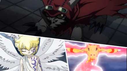 Collage of some of the strongest Rookie Digimon, with Hackmon, Lucemon, and Agumon Burts Mode.