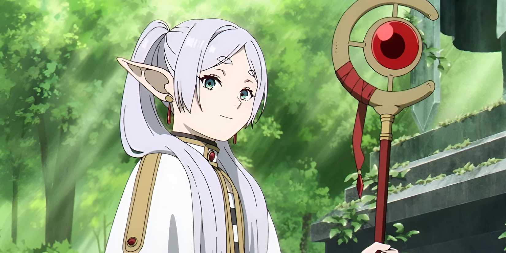 Frieren holds up her staff.