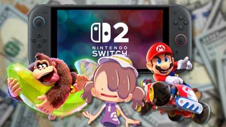 A collage of the Nintendo Switch 2 with its best exclusives Donkey Kong Bananza, Pokemon Pokopia, and Mario Kart World.