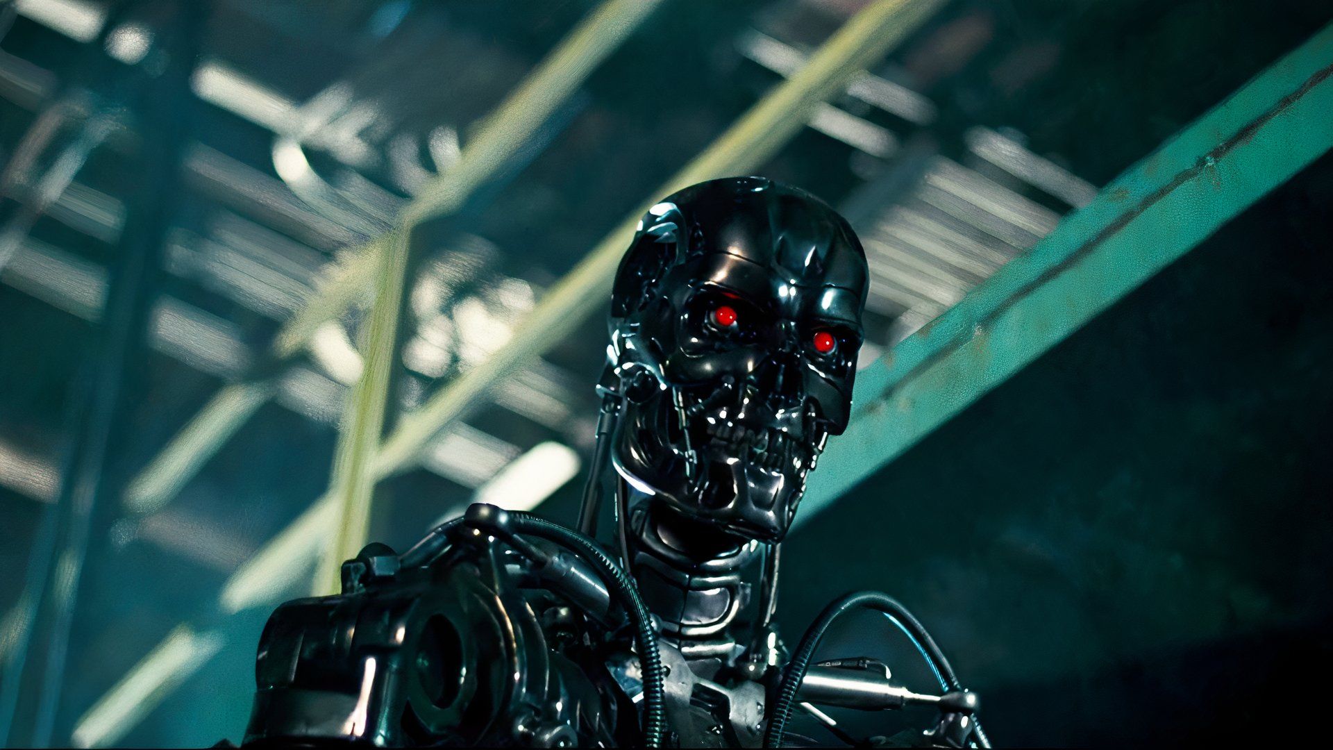 LEGO Terminator T-800 endoskeleton karya penggemar dengan mata merah menyala