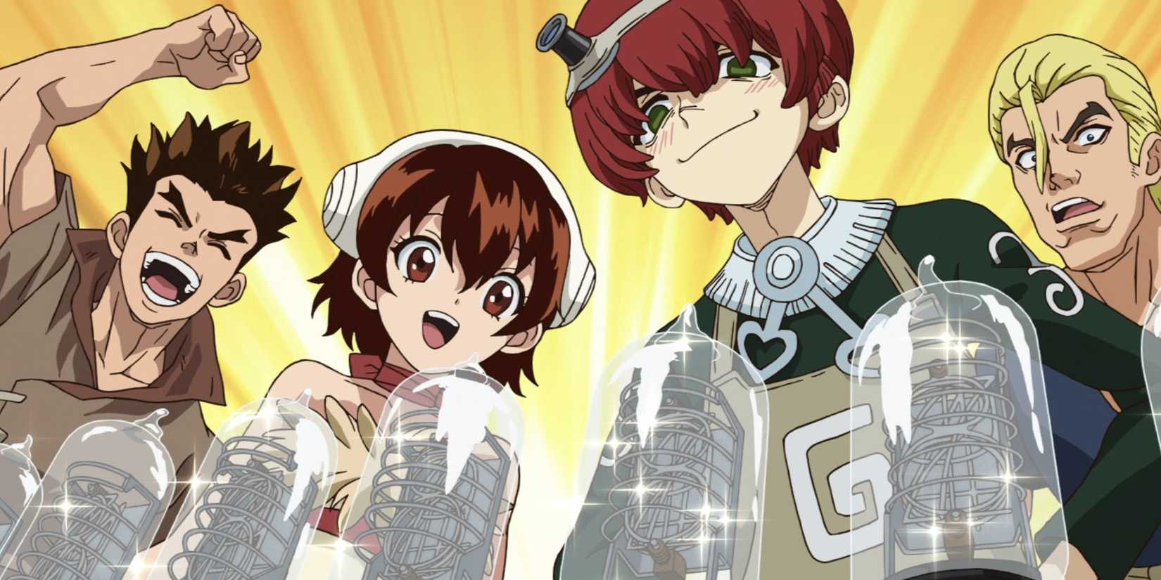 Taiju, Yuzuriha, Joel, and Magma looking at the light bulb.