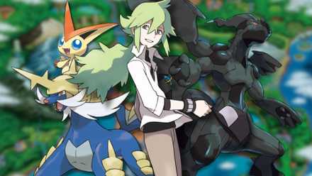 A collage of recognizable Gen 5 Pokemon and characters: Victini, Samurott, Zekrom and N.