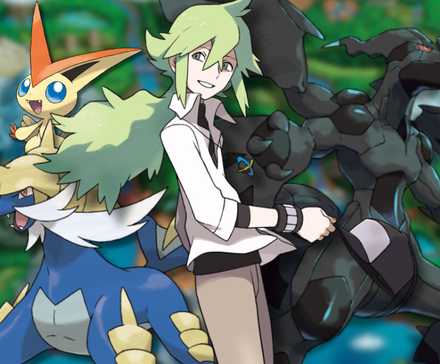 A collage of recognizable Gen 5 Pokemon and characters: Victini, Samurott, Zekrom, and N.