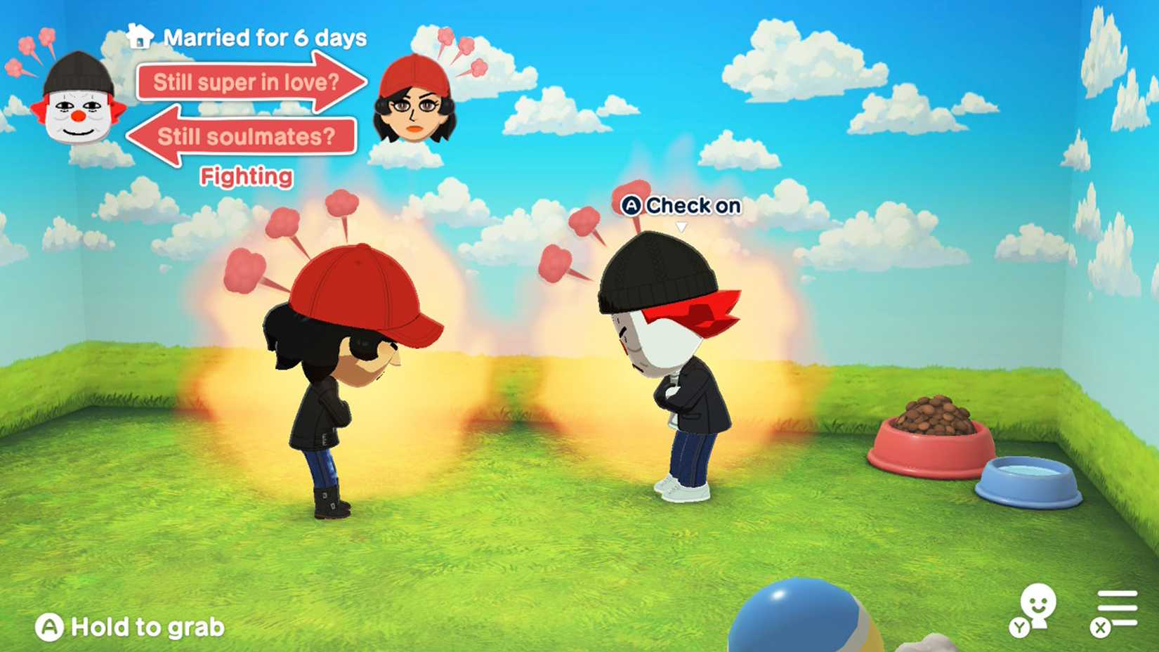 Miis in an argument in Tomodachi Life: Interacting in Living the Dream can have a fiery aura