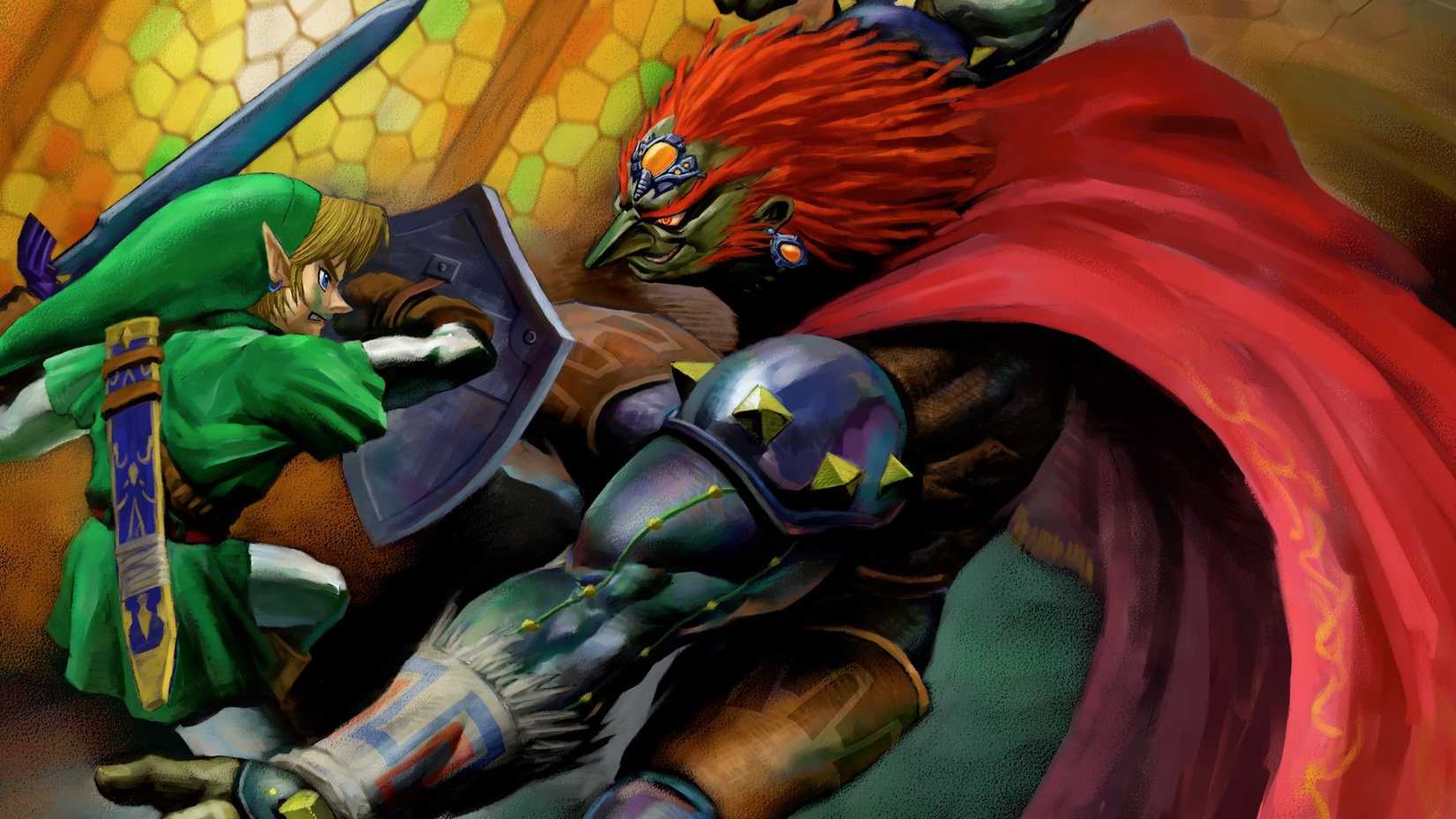Zelda Ocarina of Time Link and Ganondorf fighting with yellow background