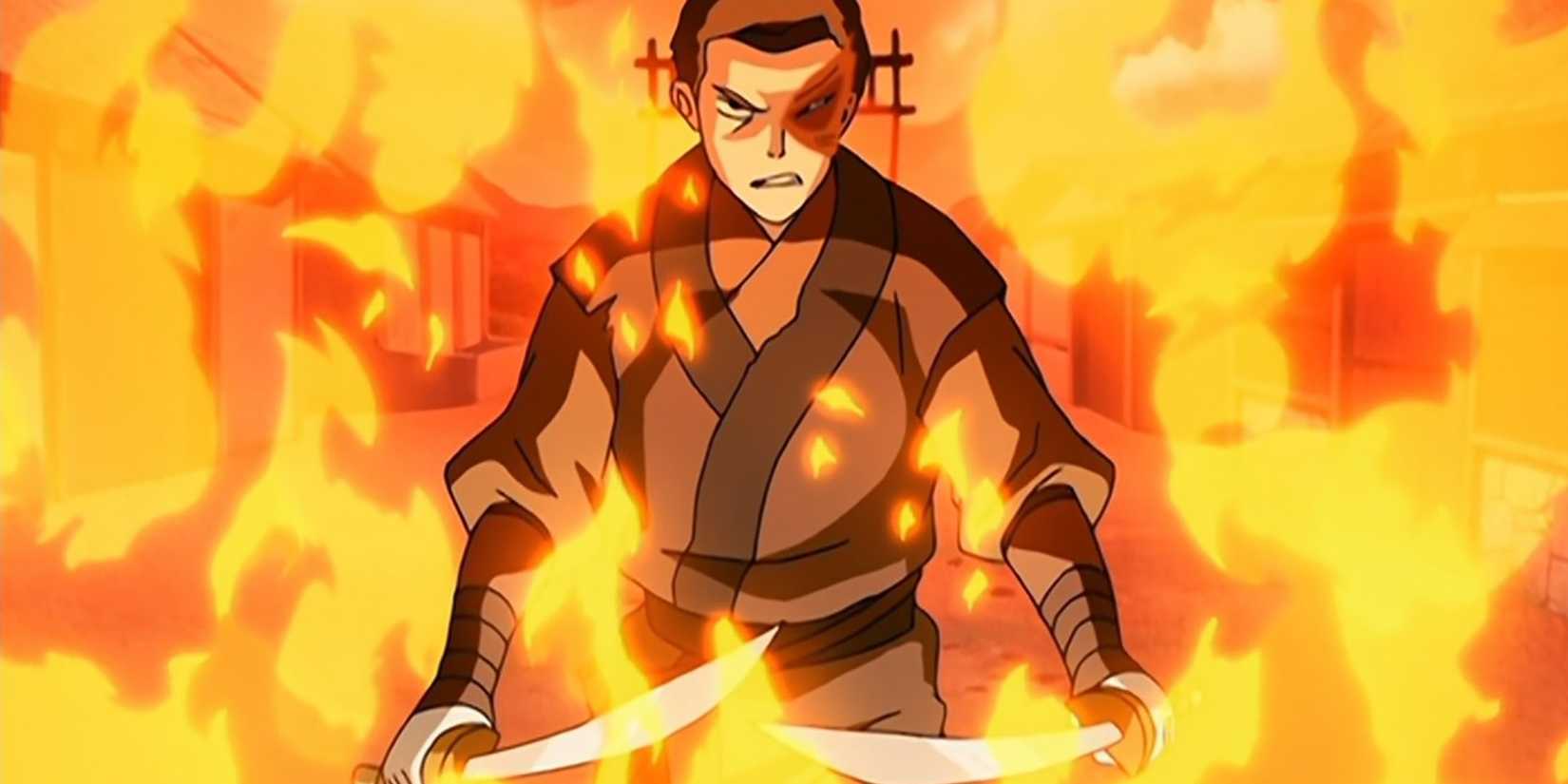 Zuko wields his swords in flames.
