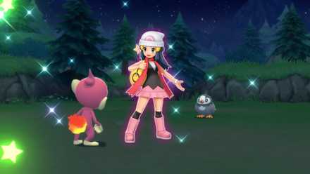 Pokemon BDSP's Dawn with a shiny Chimchar fighting a wild Starly at night