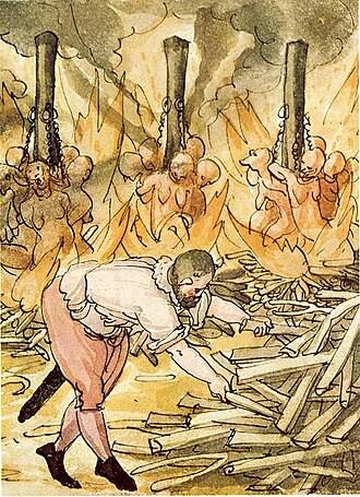 17th century illustration of people being burned at the stake during the Würzberg Witch Trials