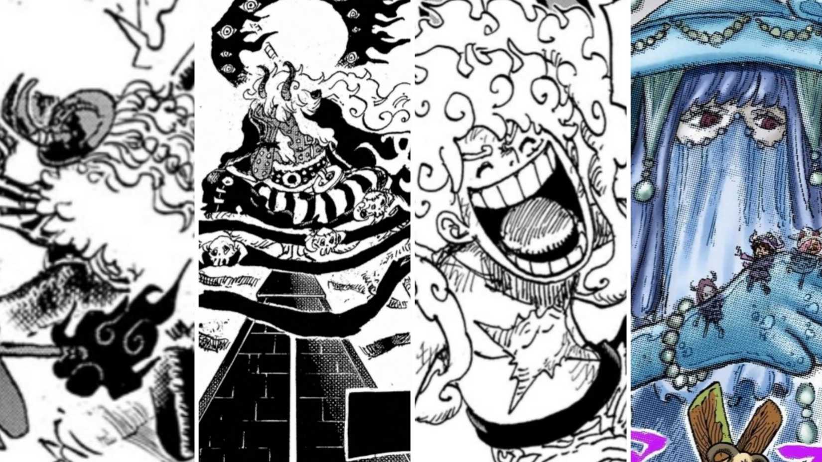An image compilation of the four gods from the climax of the One Piece Elbaf arc, showcasing Loki, Emu, Luffy and Zaza.