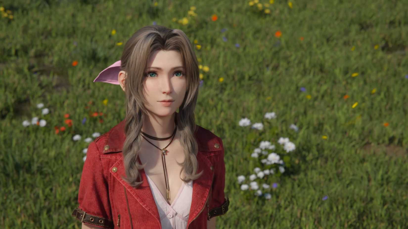 Aerith looking up to the sky as her friends go away on the airship in Final Fantasy 7 Rebirth