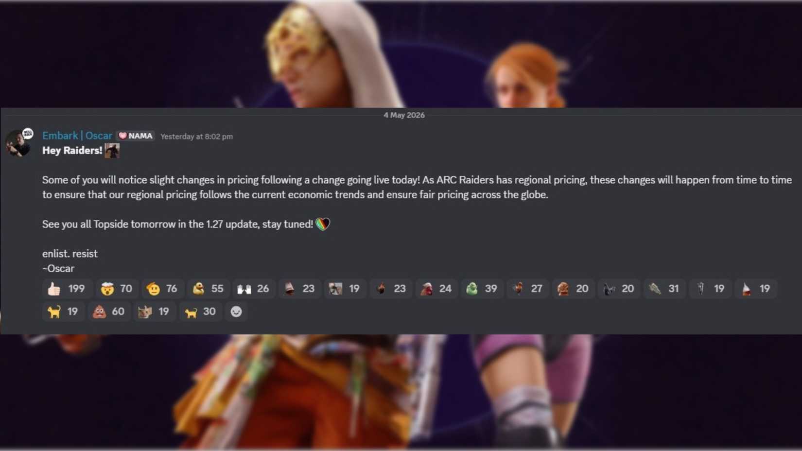 An announcement by Embark Studios announcing a regional price adjustment for ARC Raiders
