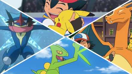 Some of Ash's most overpowered Pokémon: Greninja, Sceptile, Charizard, and Pikachu.