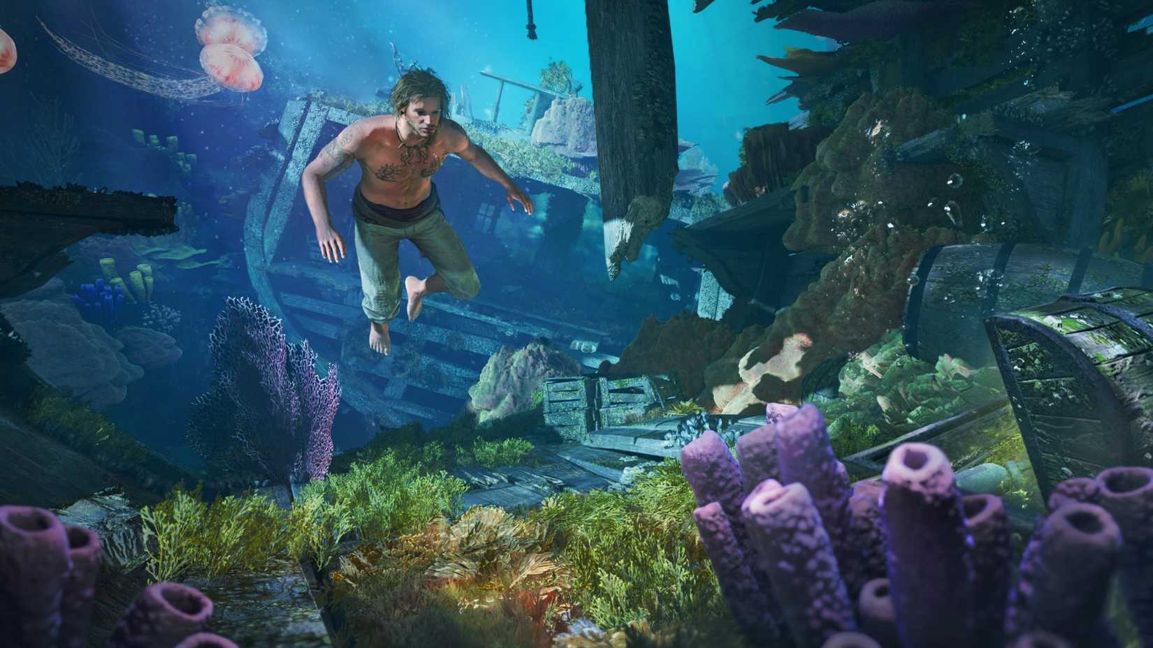 Assassin's Creed Black Flag Resynced artwork of Edward Kenway diving for treasure.