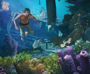 Assassin's Creed Black Flag Resynced artwork of Edward Kenway diving for treasure.
