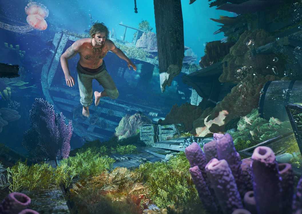 Assassin's Creed Black Flag Resynced artwork of Edward Kenway diving for treasure.