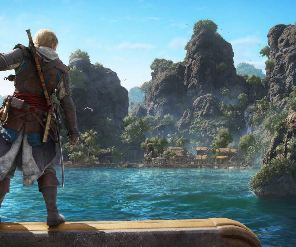 Edward looks from his ship out to the sea, with an island in the distance.
