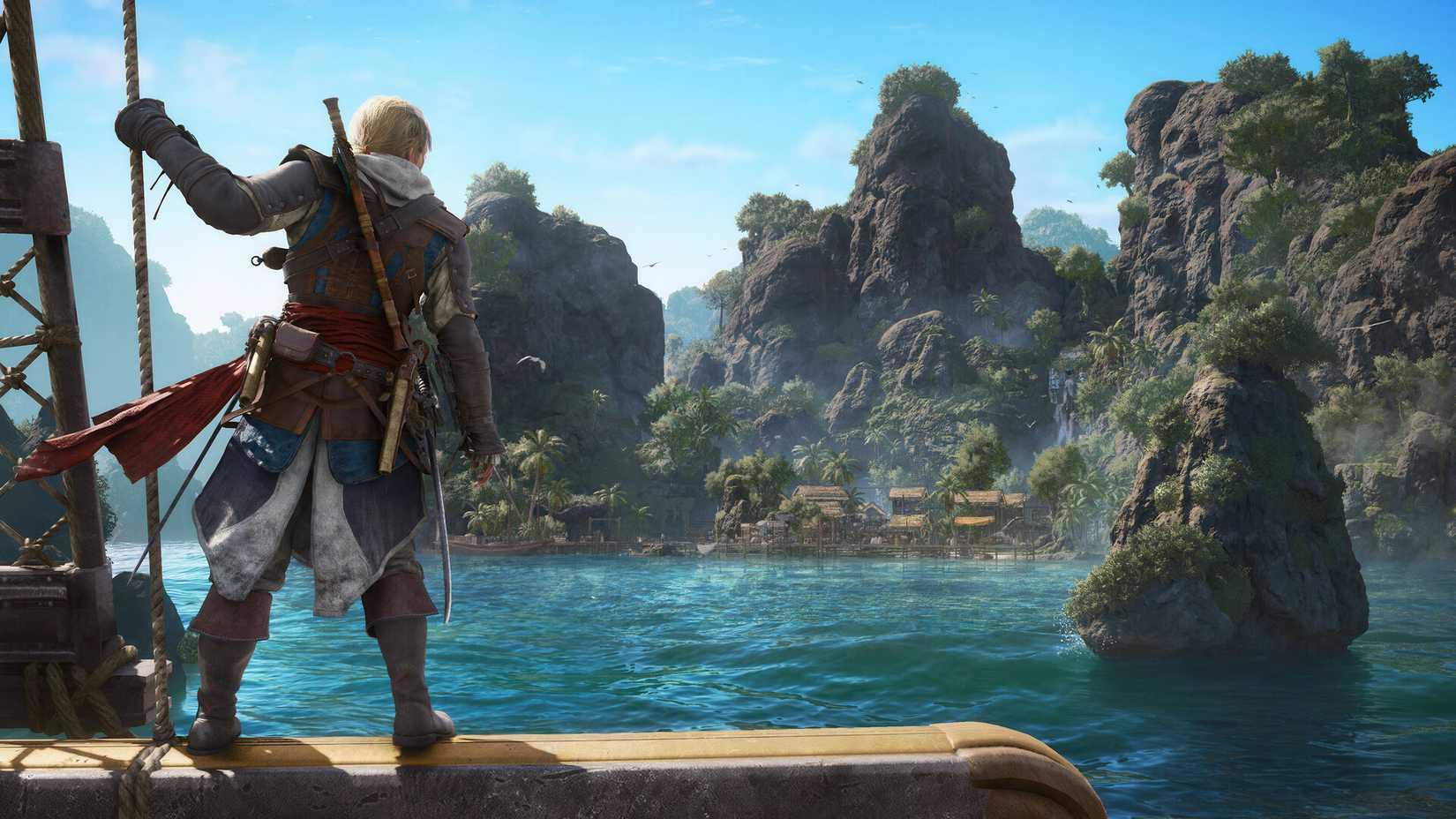 Edward looks from his ship out to the sea, with an island in the distance.