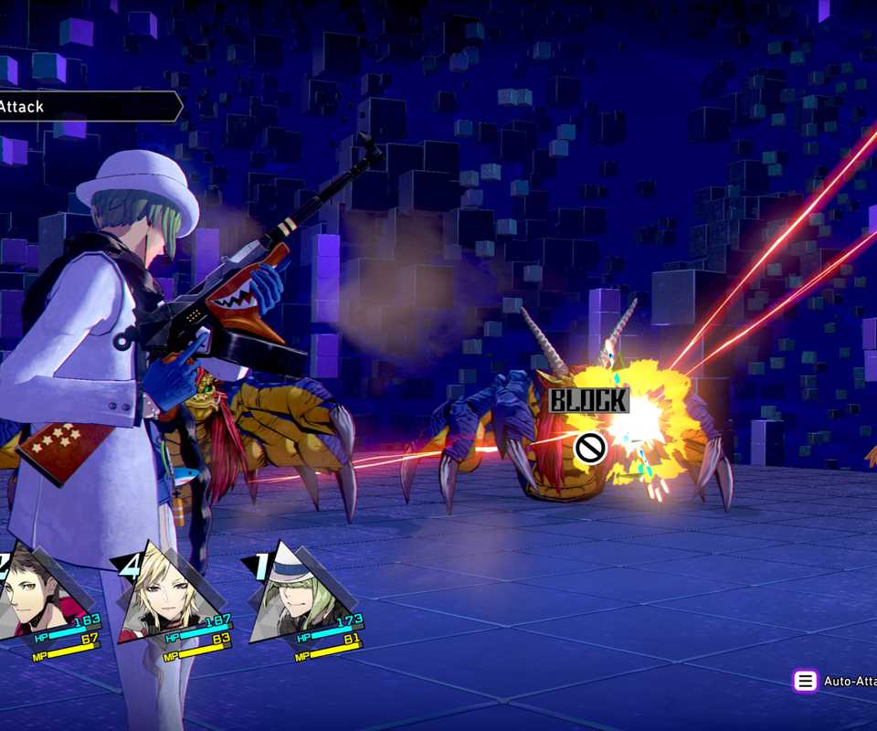 Attacking an enemy in battle in Soul Hackers 2 (2022)