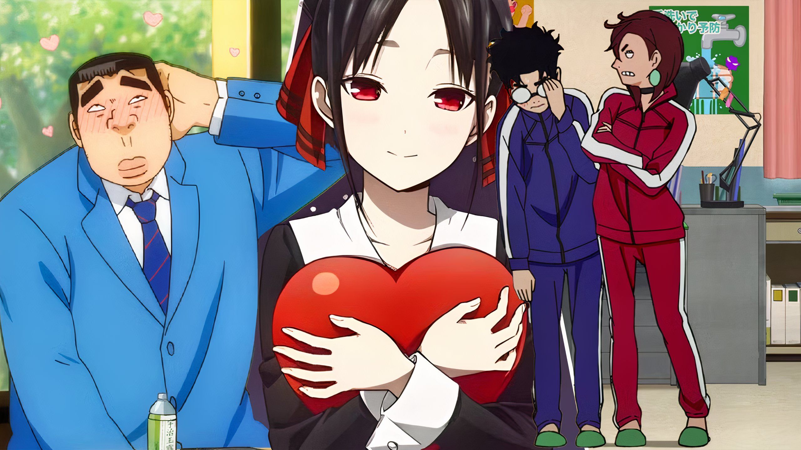 Ilustrasi berbagai karakter anime romantis terbaik dari Dandadan, Kaguya-sama, dan My Love Story