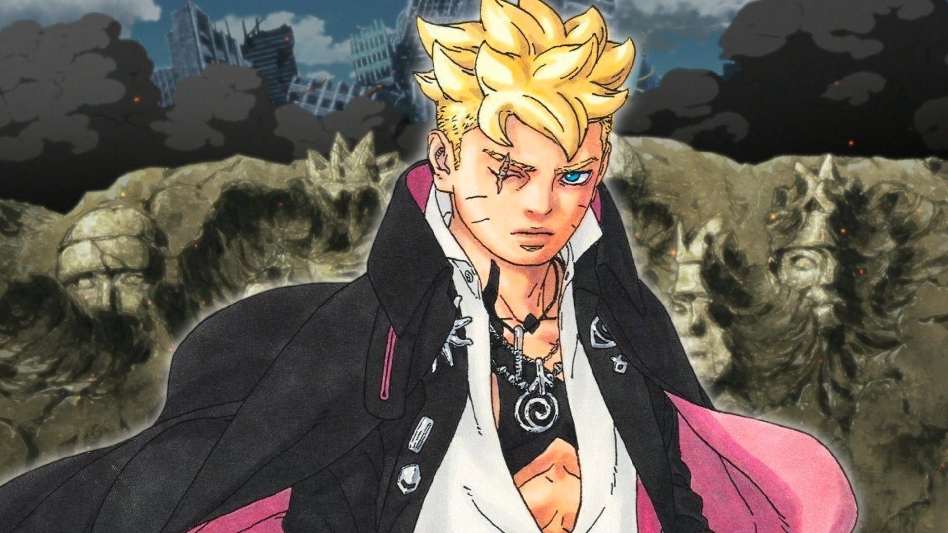 Image of Boruto Uzumaki from Two Blue Vortex in front of a destroyed Konoha from the battle against Kawaki