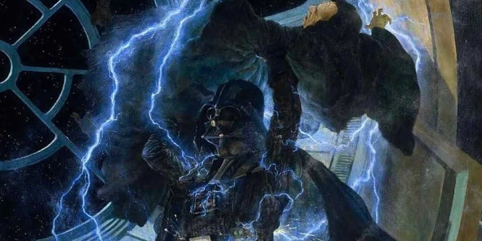 Darth Vader lyfter Palpatine över hans huvud.