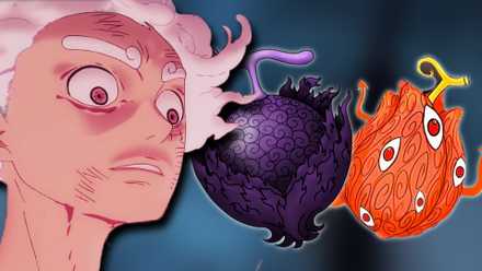 An image of Monkey D. Luffy next to two Devil Fruits that can make the Nika Fruit more powerful.