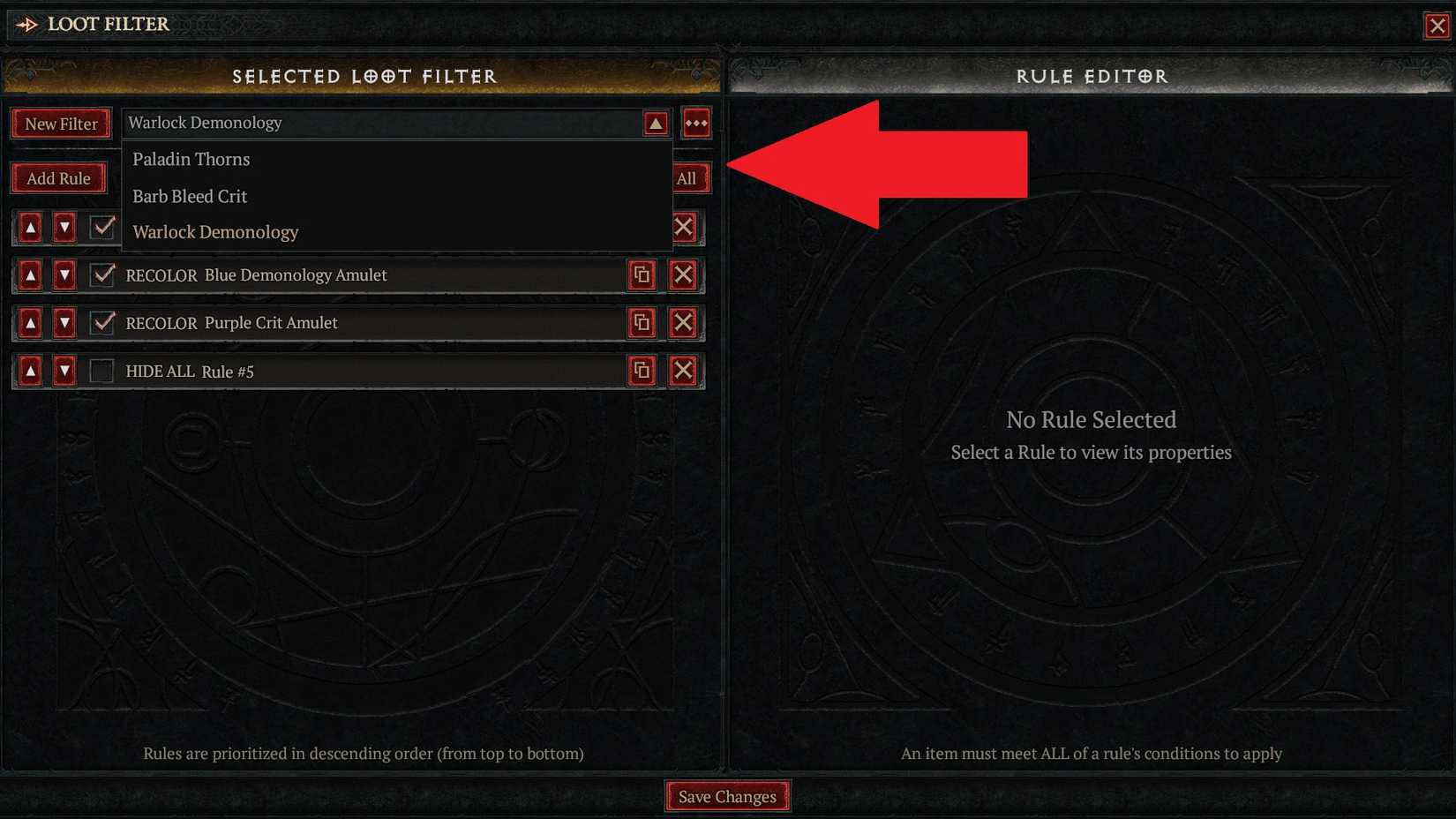 D4 Loot Filter selection field