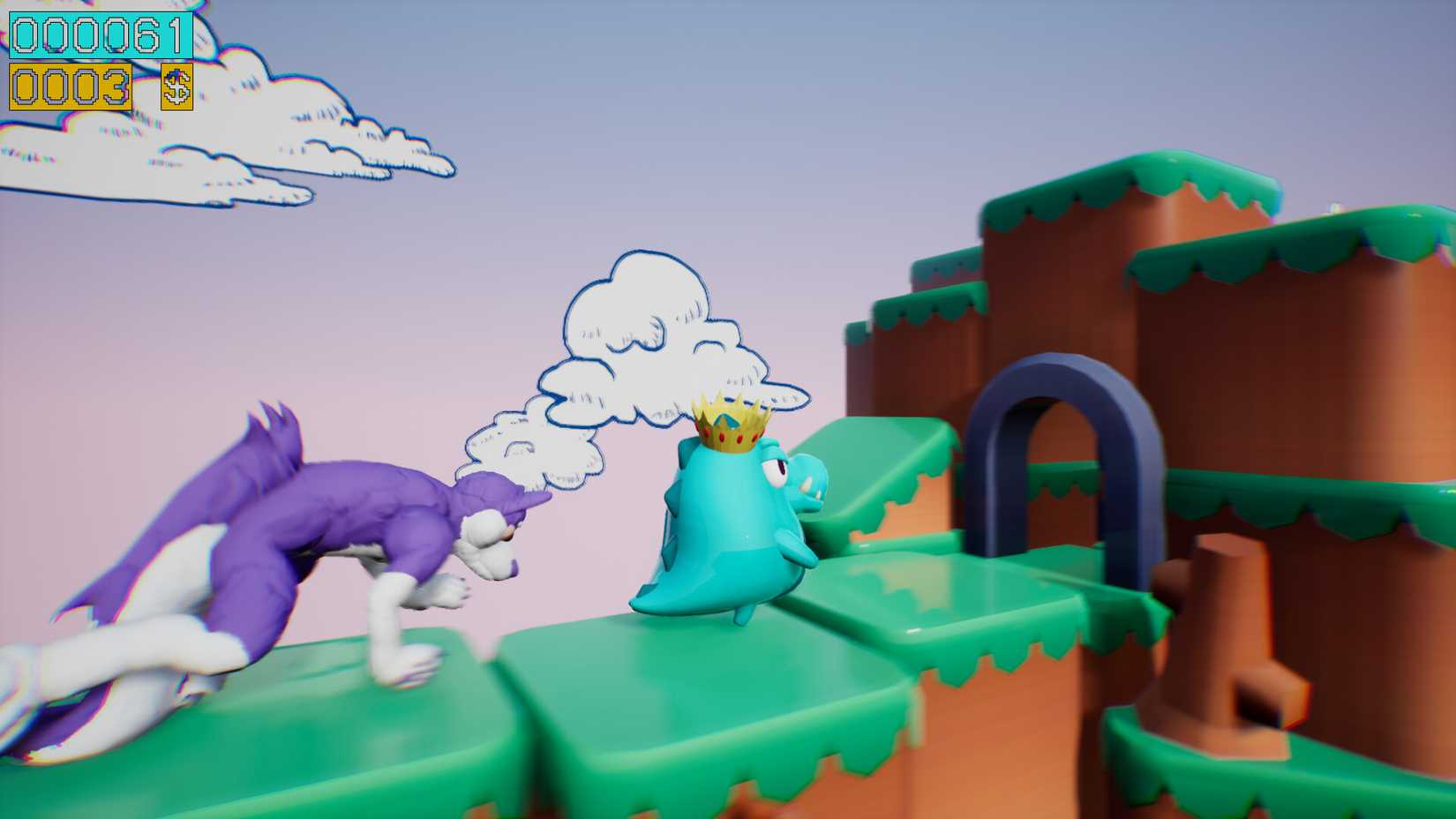 Dino running from a FURRY game showing a purple fur furry running after a dinosaur