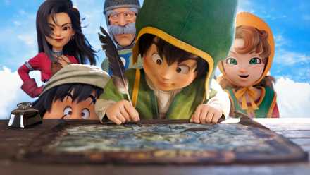 Protagonist in Dragon Quest 7 Reimagined writing on a map while the party stands behind him