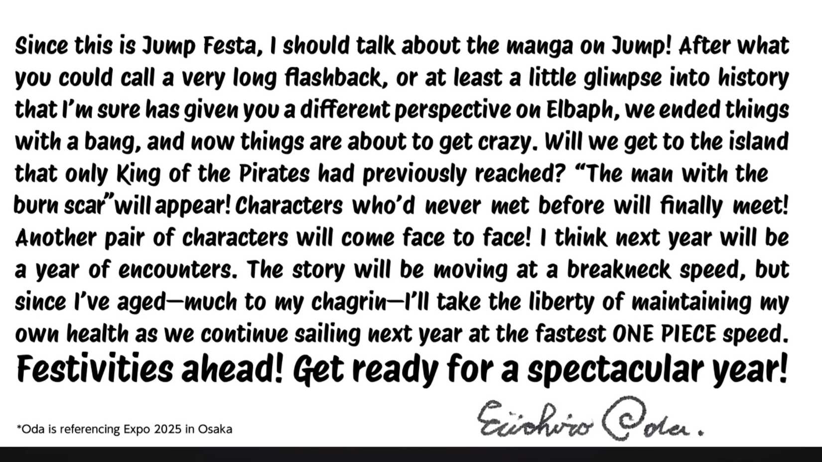 Eiichiro Oda, writer of One Piece, speaking about the new arc starting in 2026 at Jump Festa 2026.