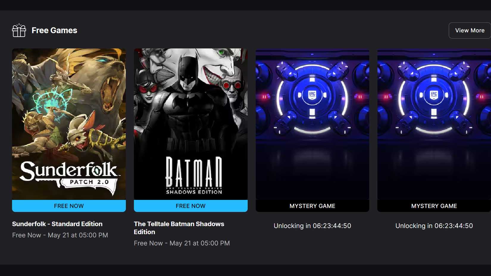 Epic Games Store free games section