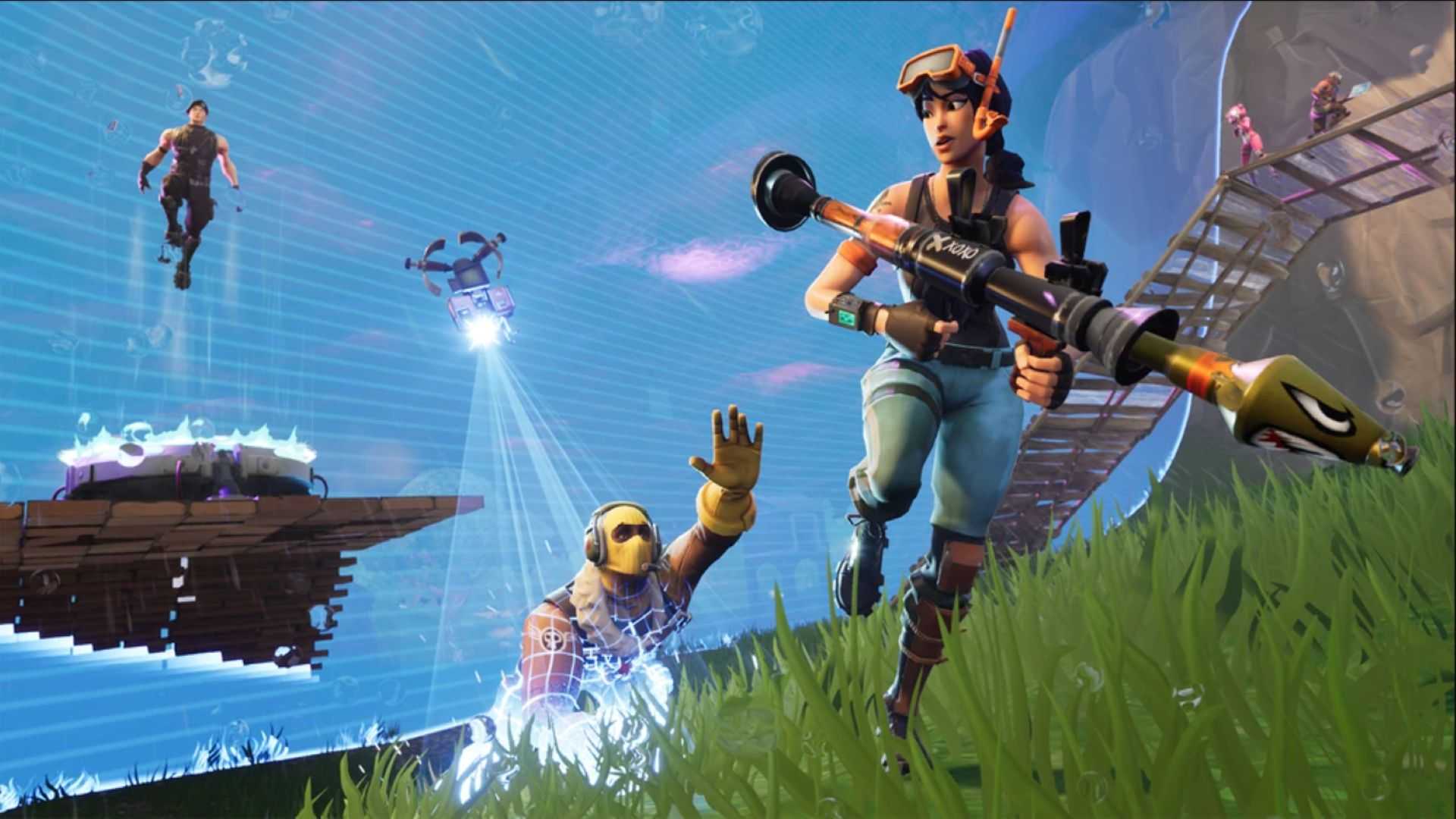 Girl running away with rocket launcher in Fortnite