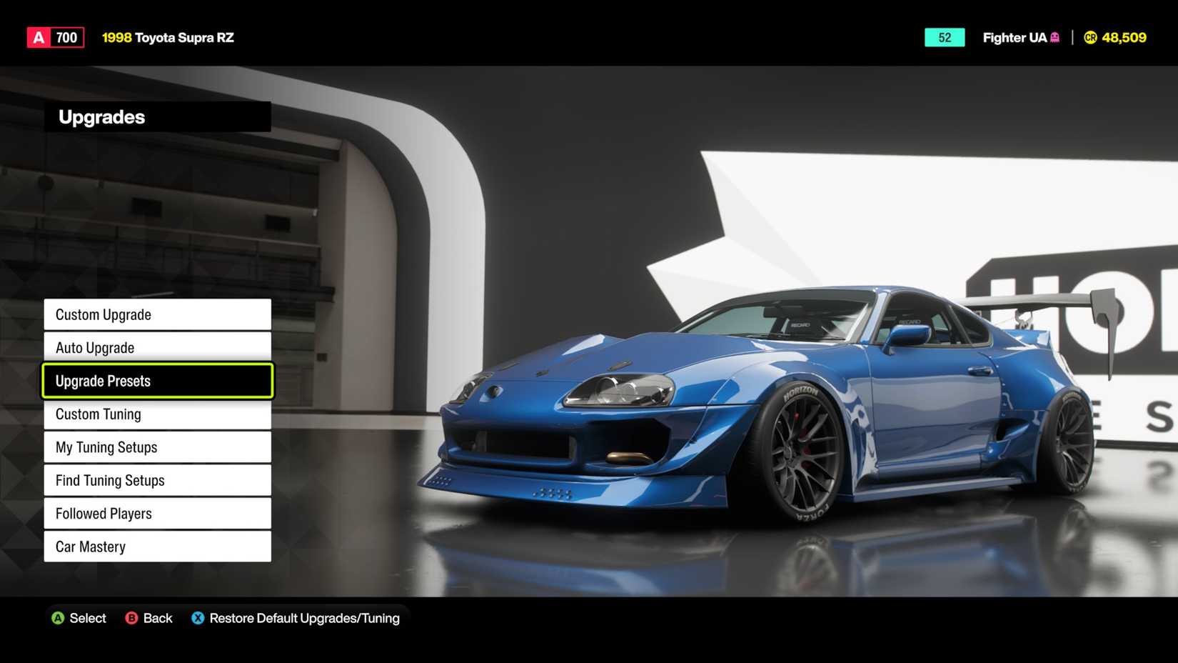 Forza Horizon 6 Upgrade Presets menu