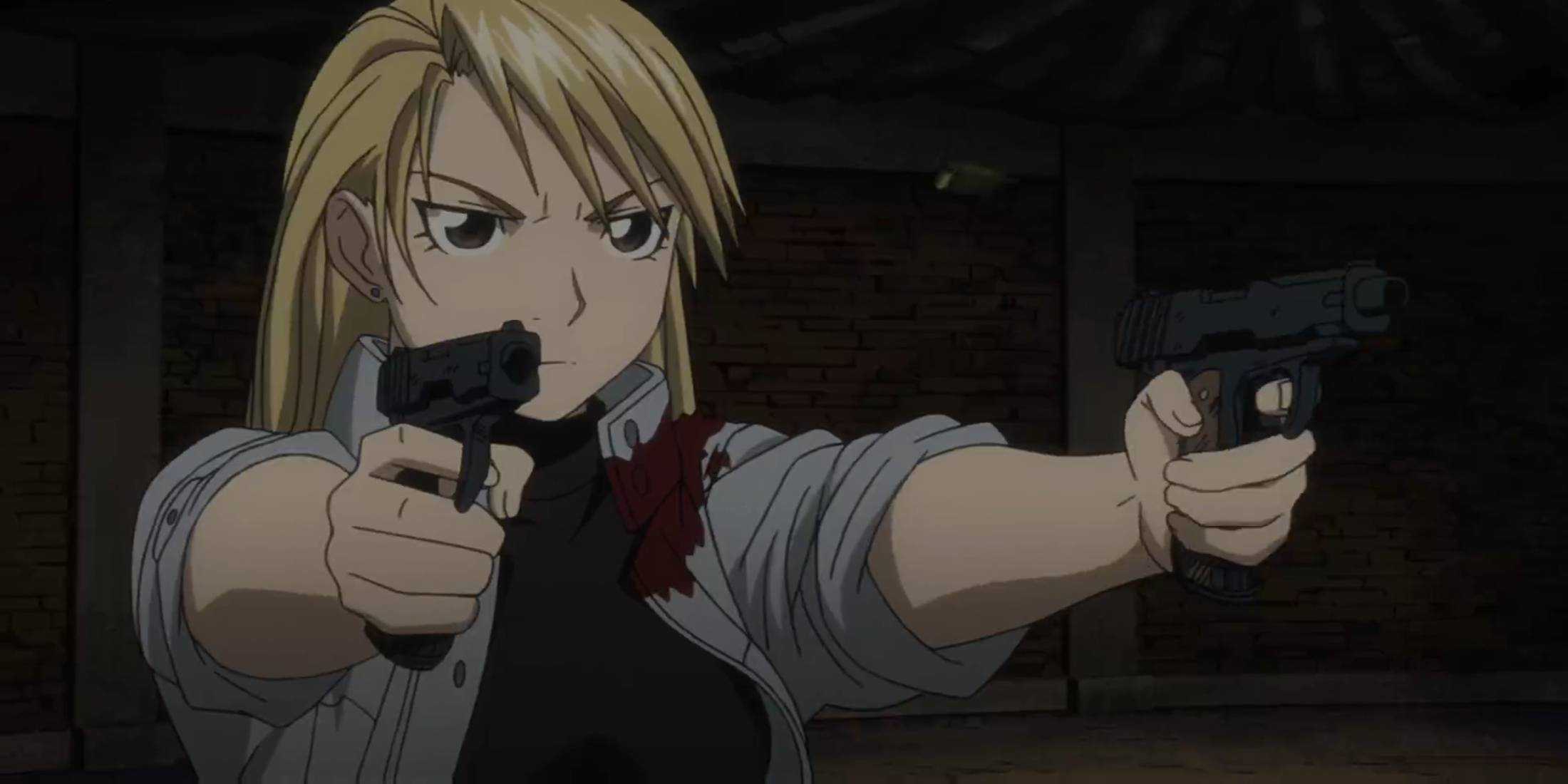 An injured Riza Hawkeye shoots Envy with her handguns in Fullmetal Alchemist Brotherhood