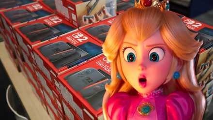 Princess Peach from the Super Mario Movie with several Switch 2 boxes in the background