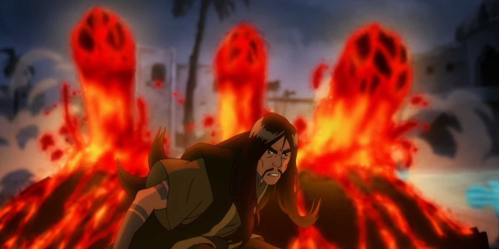 Ghazan has lava behind him while fighting.