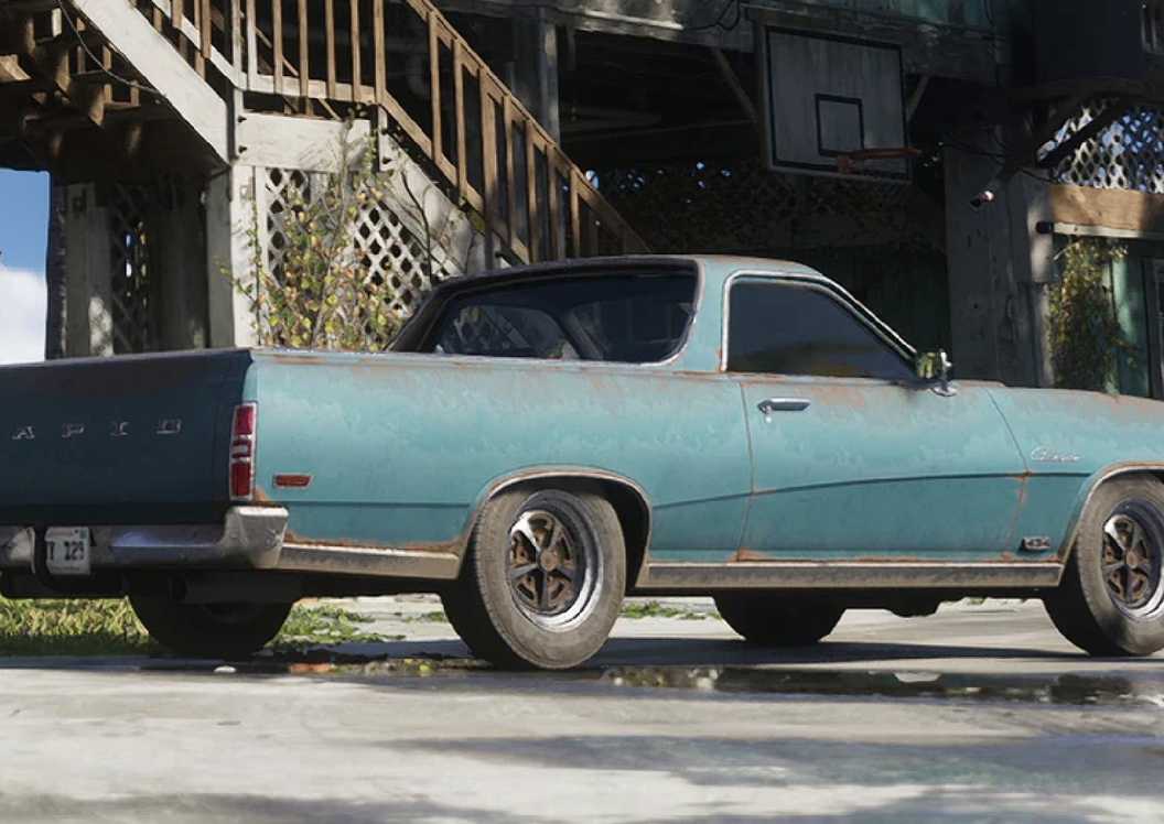 Weathered turquoise Vapid pickup parked outside a wooden building in GTA 6